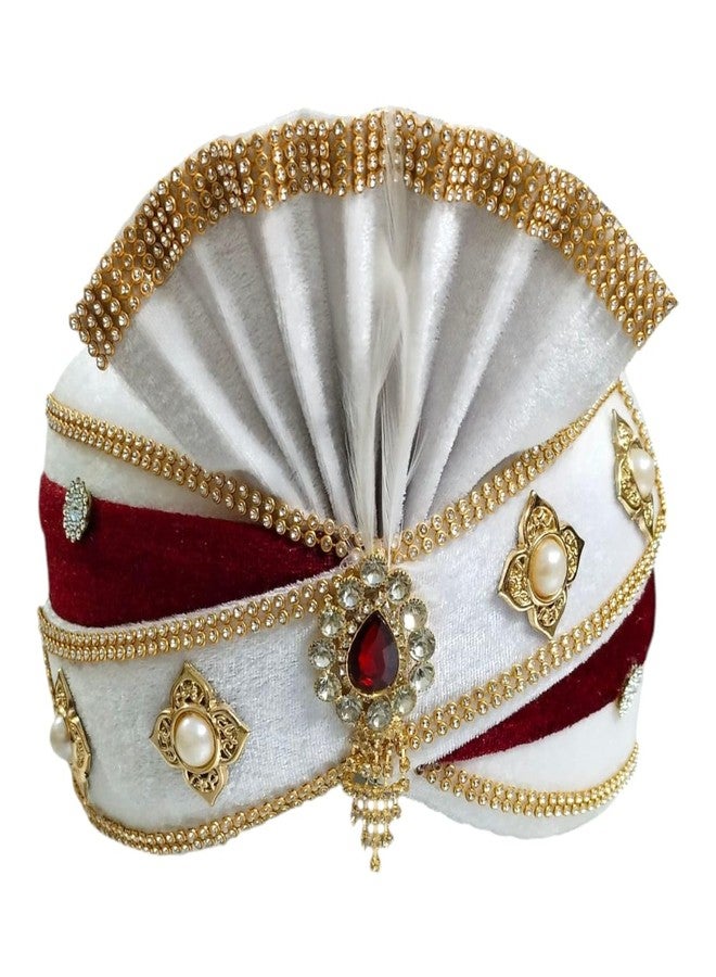 BHAWANI عمامة العريس التقليدية من بهاواني، باللونين الأبيض والماروني، مزينة بخرز ذهبي ولؤلؤ، عبوة من قطعة واحدة - Image 1